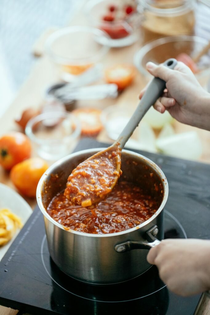  A small batch of gourmet pasta sauces being prepared